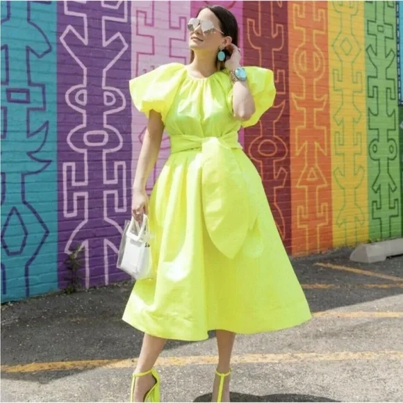 Christopher Rogers Woman Yellow Midi Dress Volume Iridescent Puff Sleeve Size M - Picture 1 of 11